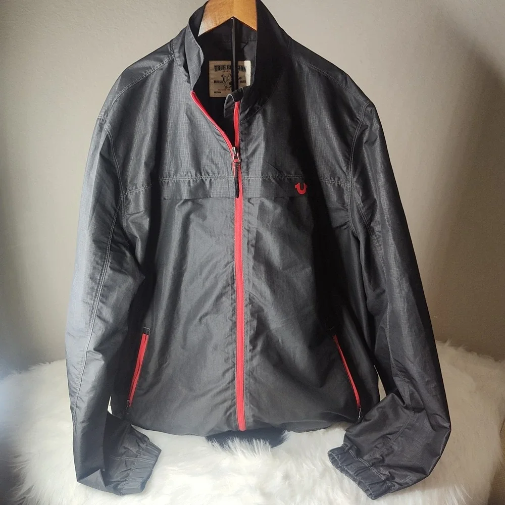 True Religion Windbreaker Jacket Men 2XL Black Red‎ Ripstop Full Zip Horseshoe